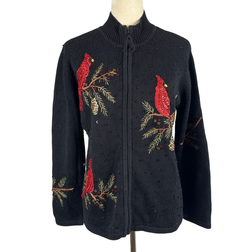 Vintage Heirloom Collectibles Christmas Cardinal Bird Beaded SequinCardiganSmall
